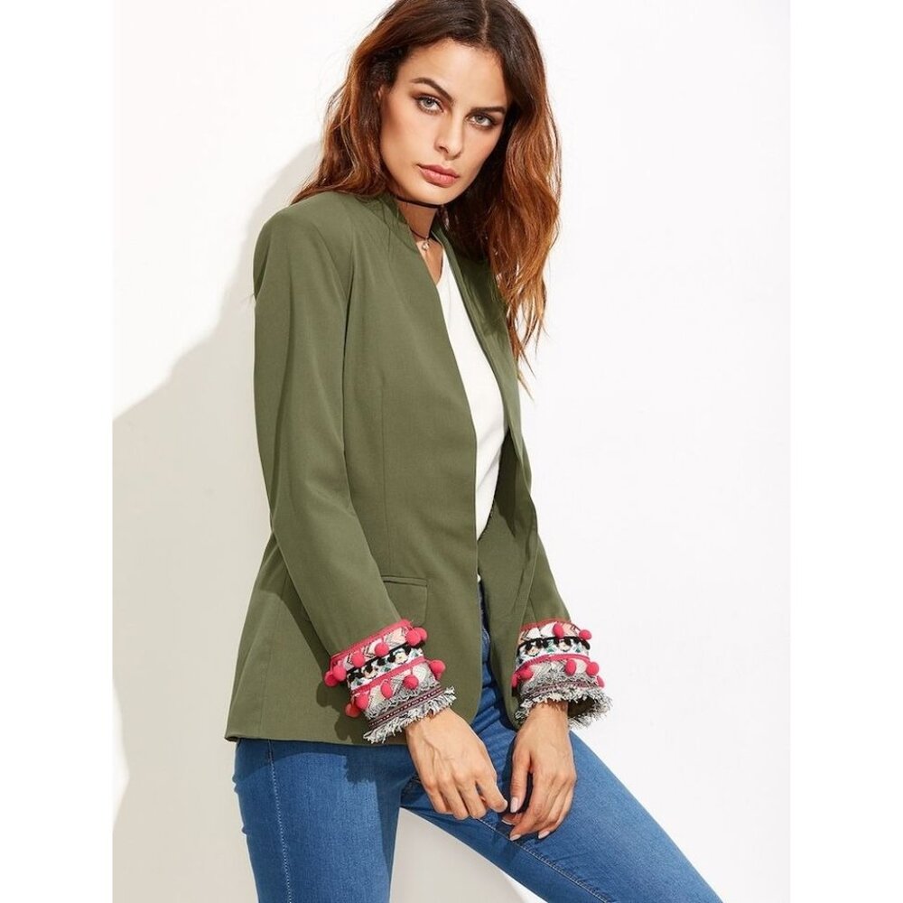 Olive Green Blazer Pom-Pom Fringe Cuffs Pockets Size‎ M All-Season Office Jacket